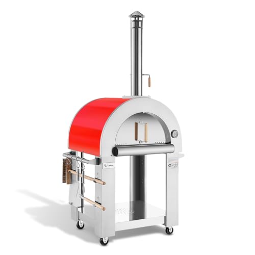 Empava 32.5" Wood Fired Pizza Oven Grill with Stand and Wheels, for Outdoor Camping, Backyard, Garden,Patio in Stainless Steel, Red