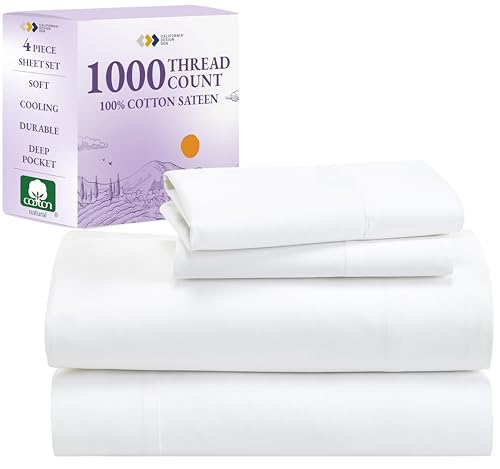 California Design Den Luxury 4 Piece King Size Sheet Set - 1000 Thread Count, 100% Cotton Sateen, Deep Pocket Fitted and Flat Sheets, Includes Pillowcase Set, Soft and Thick Cotton - Bright White