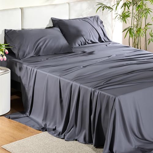 Bedsure Queen Sheets, Rayon Derived from Bamboo, Queen Cooling Sheet Set, Deep Pocket Up to 16", Breathable & Soft Bed Sheets, Hotel Luxury Silky Bedding Sheets & Pillowcases, Dark Grey