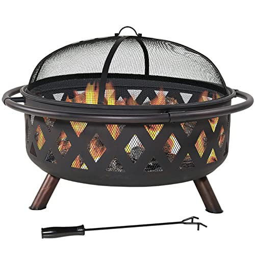 Sunnydaze Black Crossweave Steel Wood-Burning Outdoor Fire Pit - Includes Spark Screen, Poker and Cover - 36-Inch Round