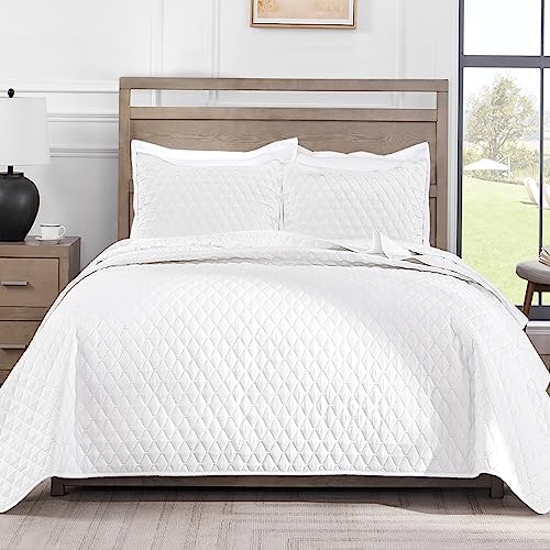 Exclusivo Mezcla Ultrasonic Reversible Full Queen Quilt Bedding Set with Pillow Shams, Lightweight Quilts Queen Size, Soft Bedspreads Bed Coverlets for All Seasons - (White, 90"x96")