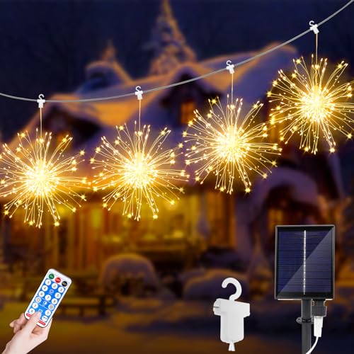 JIMACRO Firework Decorative Lights, 4 x 120 LEDs Hanging Fairy Lights, Solar Powered 8 Modes Waterproof Dimmable LED Firework String Lights Outdoor Indoor for Wedding, Party, Patio, Gazebo