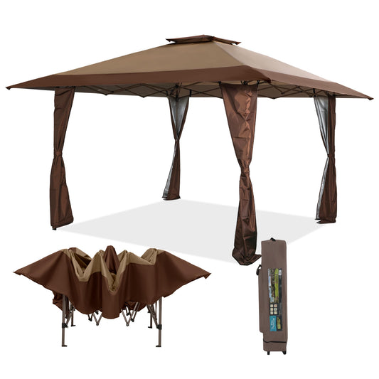 Canopy Tent Pop Up 13x13 ft Ez Up, Outdoor Patio Portable Commercial Canopies Shelter Heavy Duty Straight Legs with Roller Bag, 8 Stakes, 4 Guy Ropes, UPF50+, Brown, Sophia & William