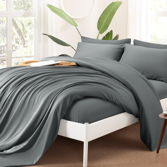 Shilucheng Cool 6PC 100% Bamboo_ Queen Size Bed Sheets Set 1800 Thread Count 16 Inch Deep Pockets Eco Friendly Soft Comforterble Wrinkle Fade and Hypoallergenic (Queen,Dark Grey)