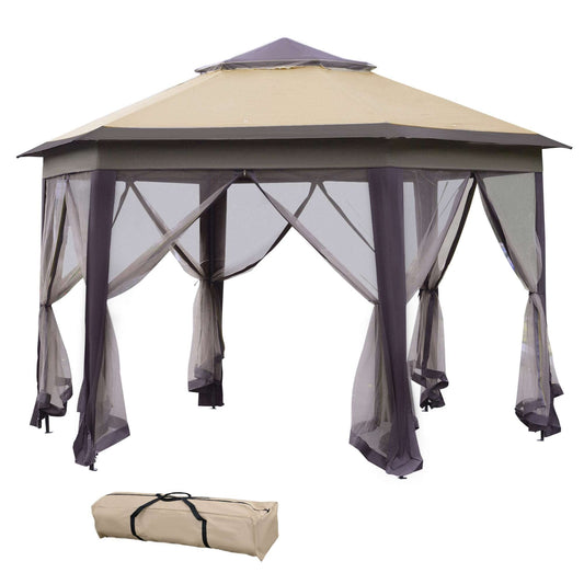 Outsunny 13' x 13' Pop Up Gazebo, Hexagonal Canopy Shelter with 6 Zippered Mesh Netting, Event Tent with Strong Steel Frame for Patio Backyard Garden Wedding Party, Coffee and Beige