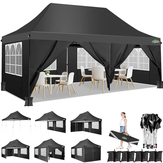 COBIZI 10x20ft Pop Up Canopy Tent with 6 Removable Sidewalls, Easy Up Commercial Canopy, Waterproof and UV50+ Gazebo with Portable Bag, Adjustable Leg Heights,Party Tents for Parties, with 4 Sandbags