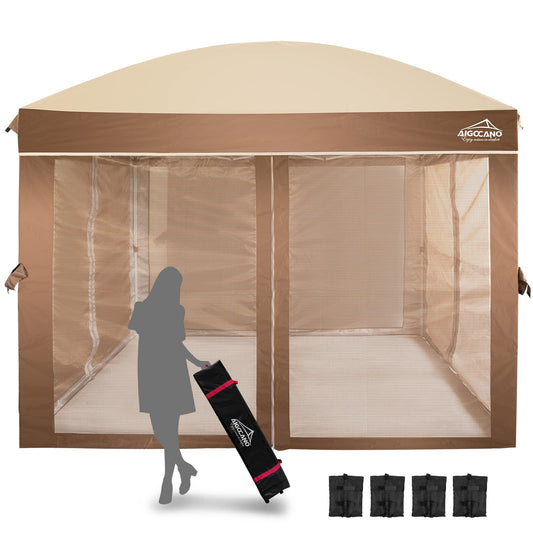 AIGOCANO Canopy Tent with Netting Screen,10x10 Easy Pop Up Gazebo for Outdoor Parties,Camping,Foldable Patio Gazebo with Roller Bag and 4 Sandbags(Brown)