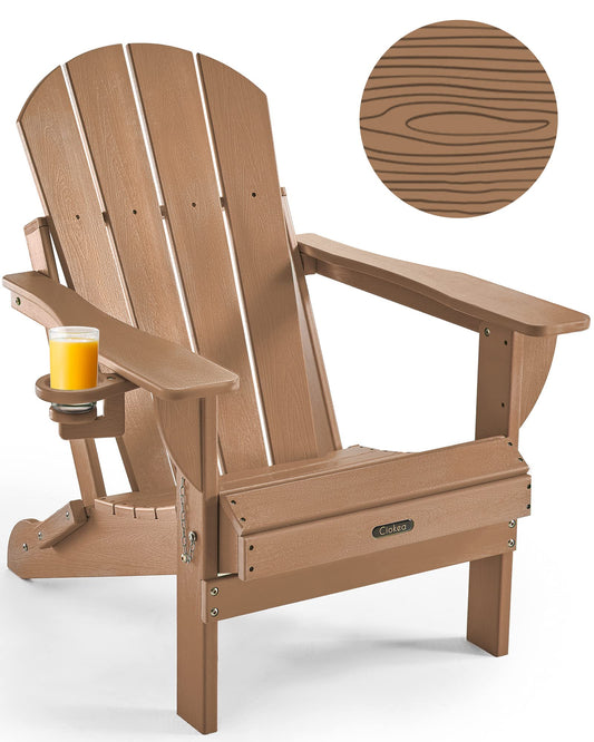 Ciokea Folding Adirondack Chair Wood Texture, Patio Adirondack Chair Weather Resistant, Plastic Fire Pit Chair with Cup Holder, Lawn Chair for Outdoor Porch Garden Backyard Deck (Teak)