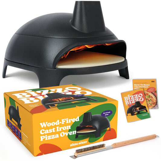 BIZZO BIZZO - Cast Iron Wood Fire Pizza Oven Outdoor - Easily Fits 12 Inch Pizza. Wood Burning Pizza Oven with Pizza Stone, Recipe Book and Cleaning Brush.