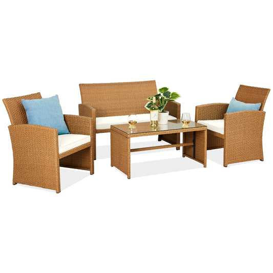 Best Choice Products 4-Piece Outdoor Wicker Patio Conversation Furniture Set for Backyard w/Coffee Table, Seat Cushions - Natural/Ivory