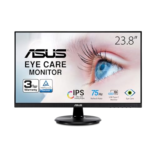 ASUS 23.8” 1080P Monitor (VA24DCP) - Full HD, IPS, 75Hz, USB-C 65W Power Delivery, Speakers, Adaptive-Sync/FreeSync, Low Blue Light, Flicker Free, VESA Mountable, Frameless, HDMI